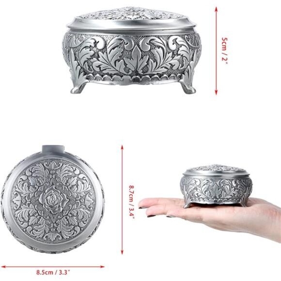 Metal Jewelry Box Vintage Ring Holder Trinket Organizer Small Round Storage Box - Picture 7 of 8